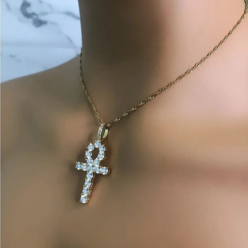 Elegant Gold Ankh Pendant Necklace 18inch